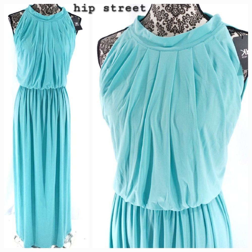 KOH KOH Sleeveless Halter Neck Blouson Maxi Stretch Goddess Dress L NWT